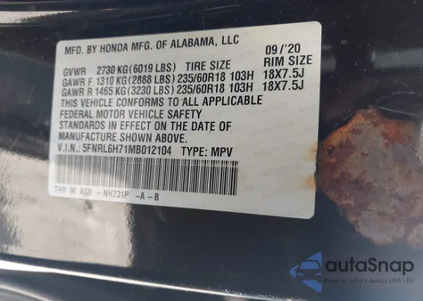 2021 Honda Odyssey Ex-L z USA, uszkodzony, nr VIN 5FNRL6H71MB012104